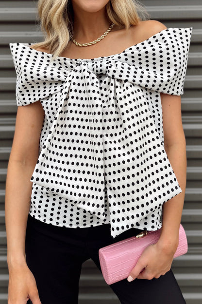 White Polka Dot Off Shoulder Bow Knot Short Sleeve Blouse