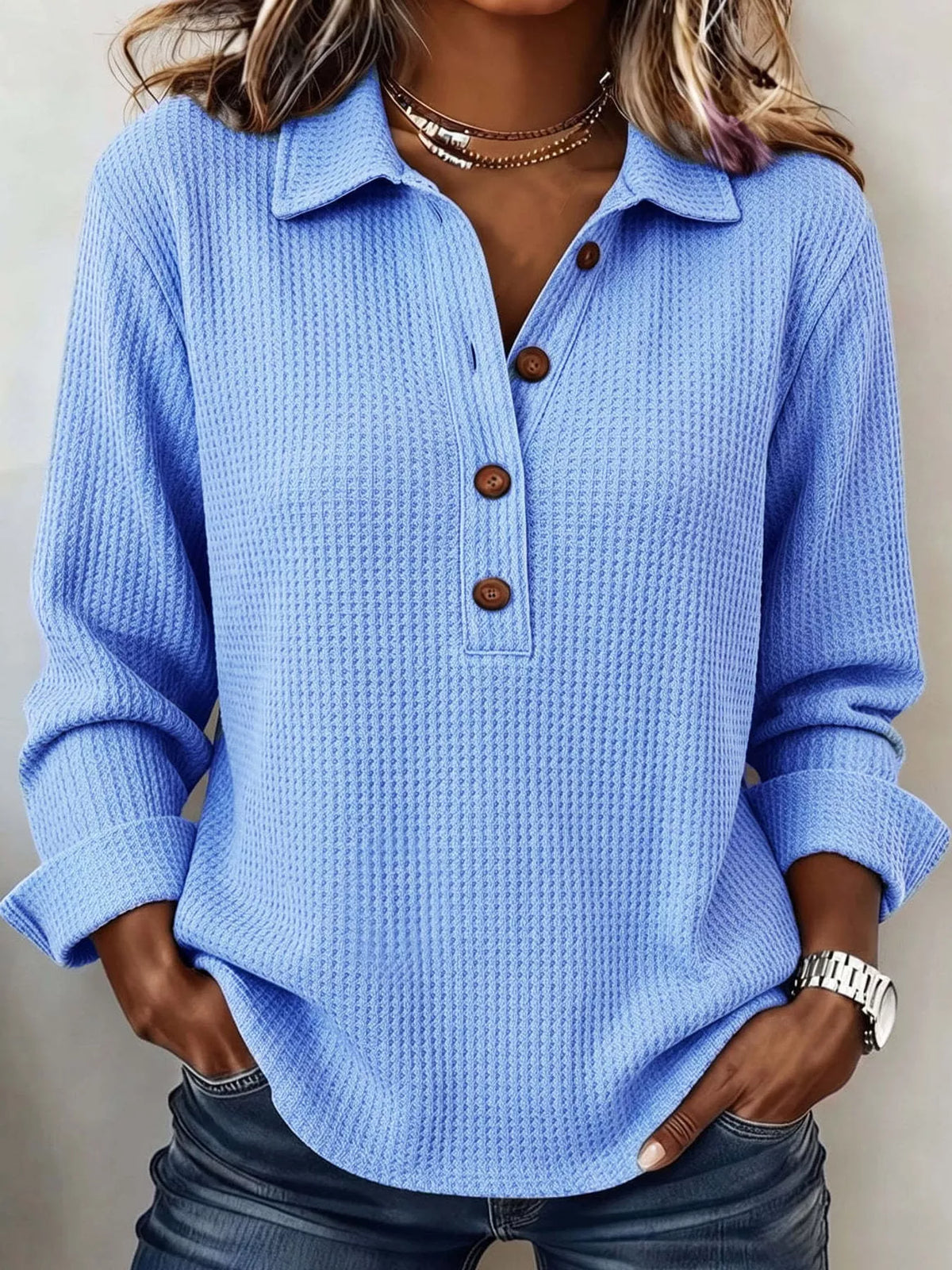 Full Size Waffle Knit Long Sleeve Polo Top Plus Size