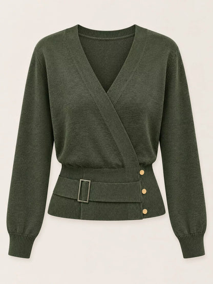 Surplice Elastic Waist Long Sleeve Knit Top