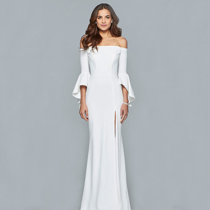 Valerie Flare Sleeves Off Shoulder Evening Dress White