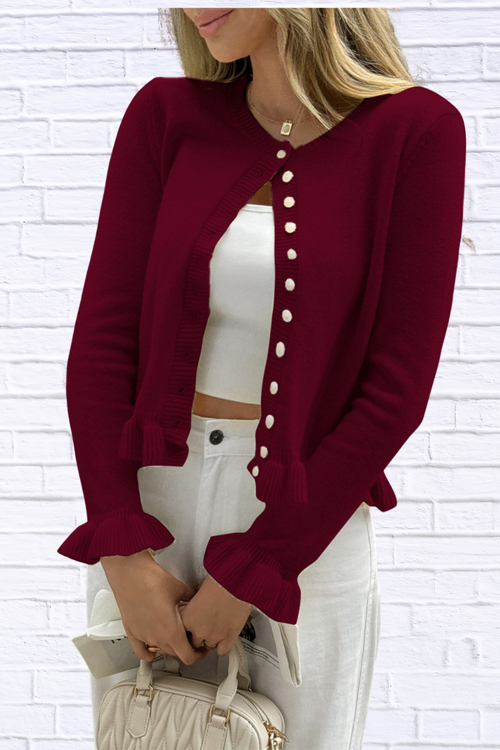 Ruffled Trim Button-Up Knit Cardigan