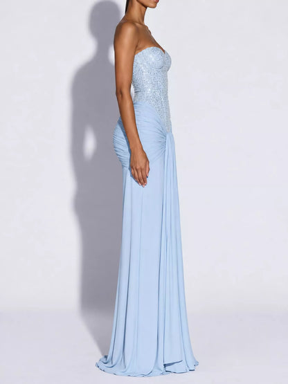 Elegant Strapless Sequin Corset Maxi Dress with Draped Waist Detail