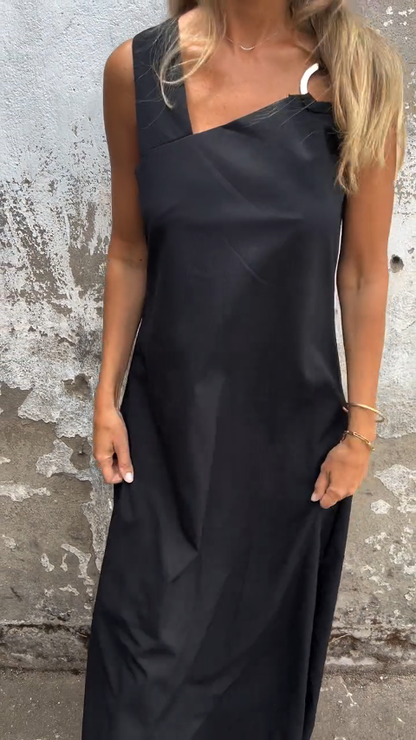 Irregular Square Neck Solid Color Dress Black S