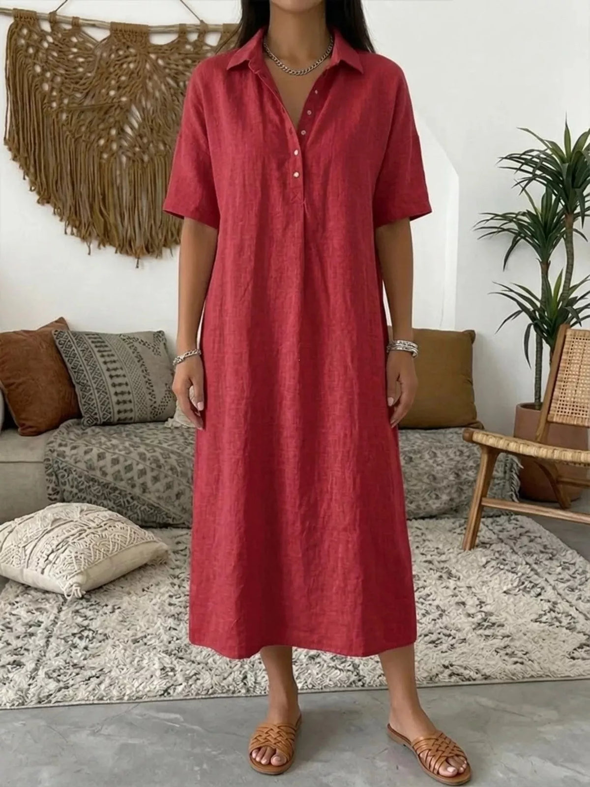 Full Size Button Detail Short Sleeve Midi Shirt Dress Plus Size