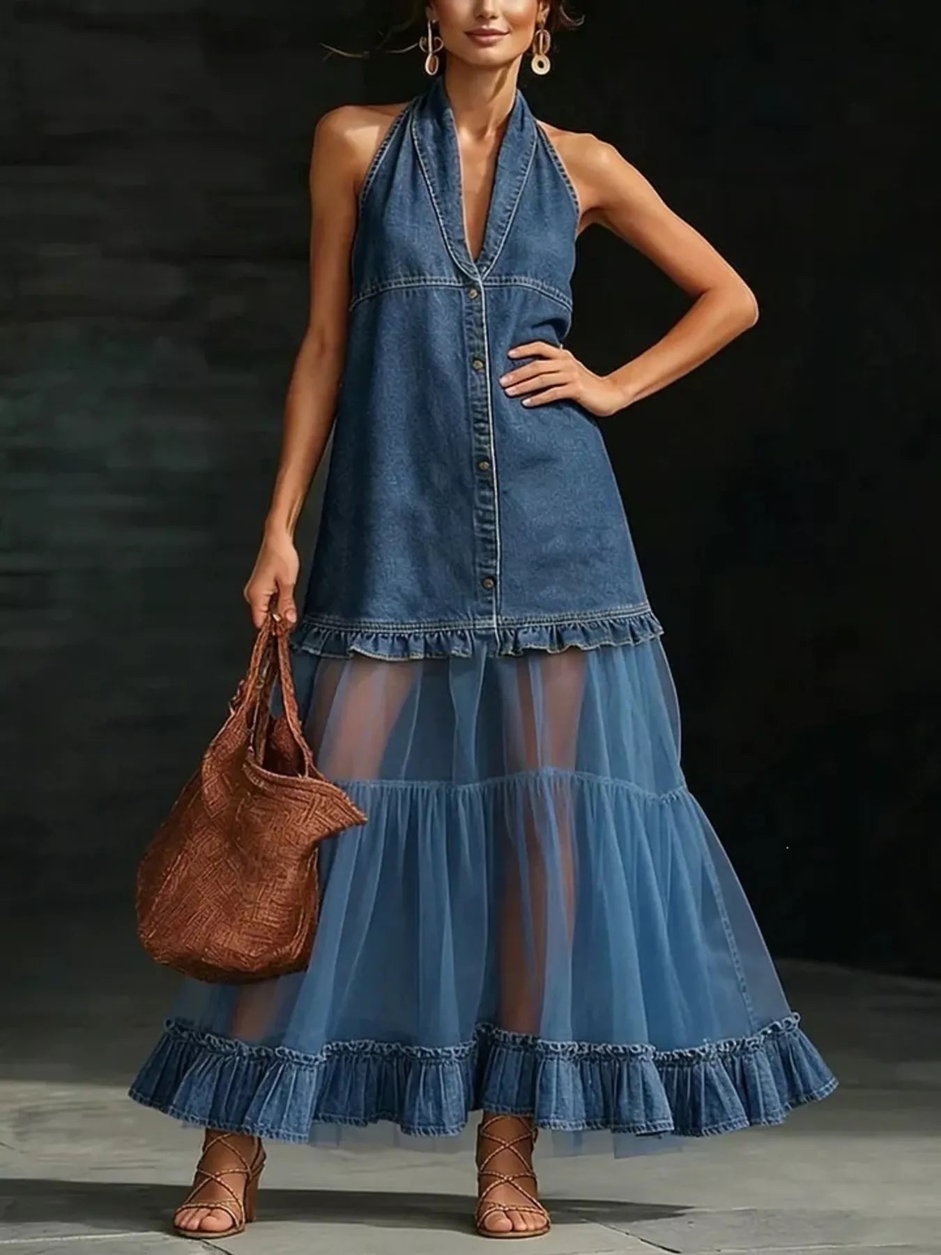 Full Size Ruffle Hem Sleeveless Sheer Tulle Denim Dress Plus Size
