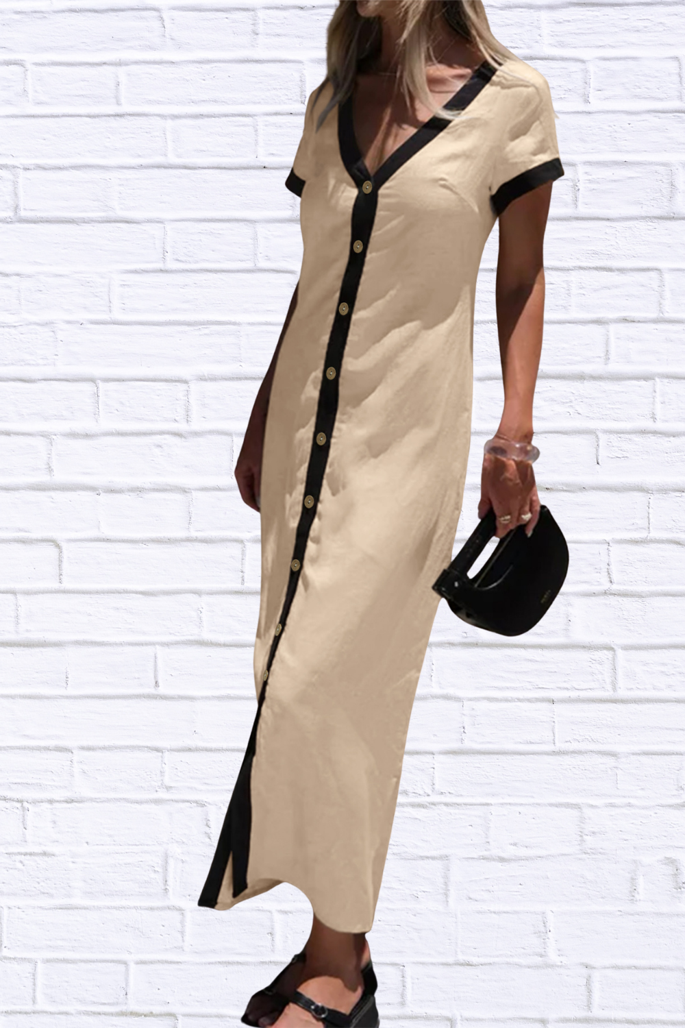 Button-Front Contrast Trim Midi Dress Tan