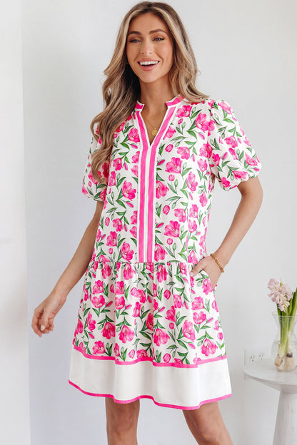 Multicolour Sweet Floral Print Striped Color Block Trim Short Dress