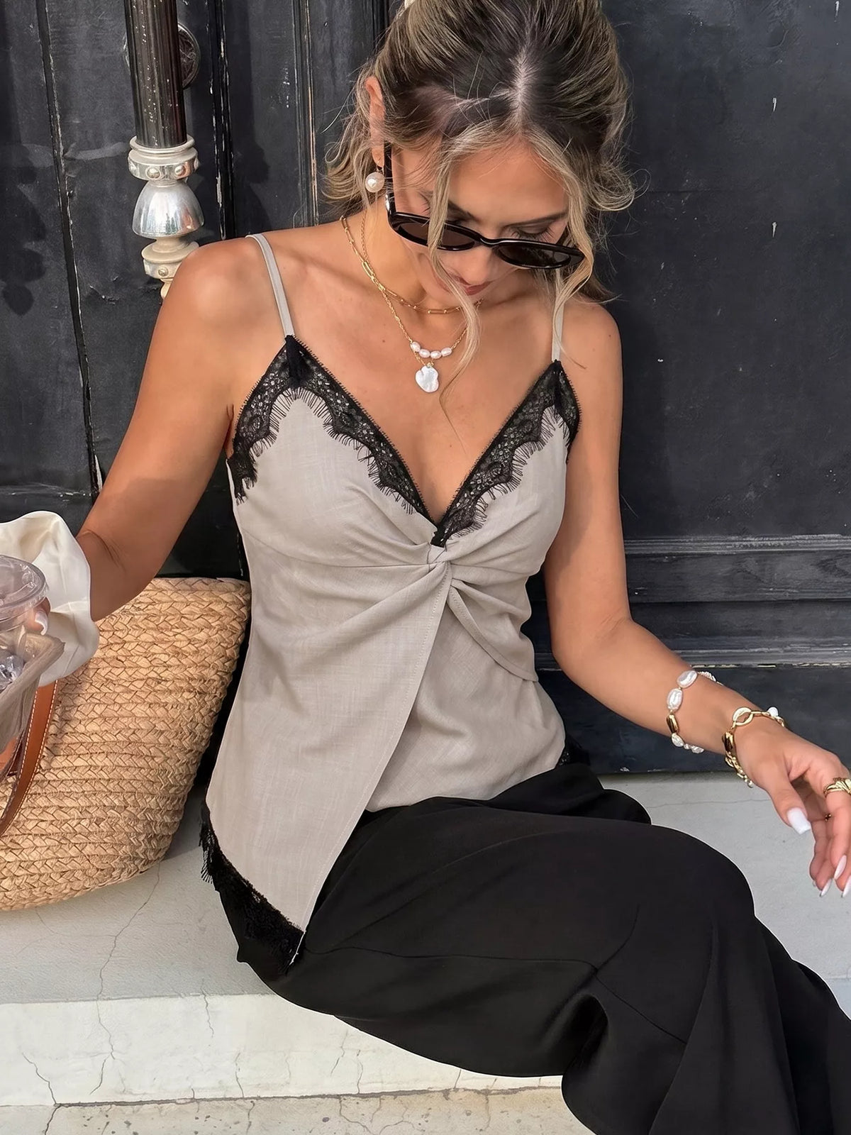 Lace Trim Twist Front Cami
