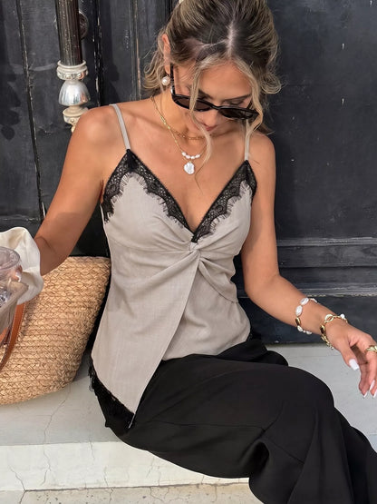 Lace Trim Twist Front Cami