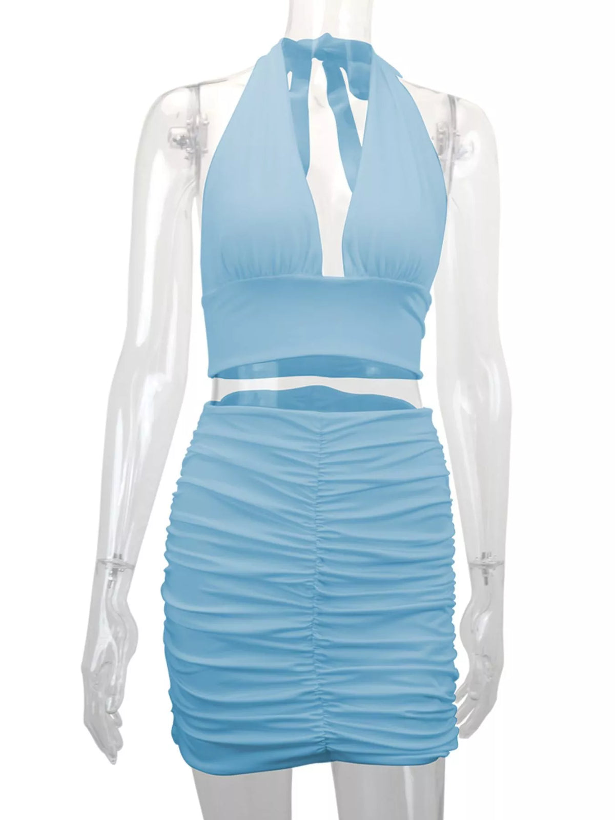 Halter Crop Top and Ruched Bodycon Mini Skirt Set