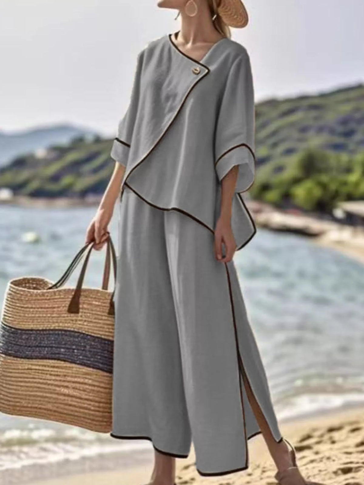 Full Size Contrast Trim Top and Wide Leg Pants Set Plus Size