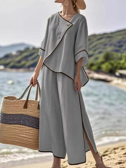 Full Size Contrast Trim Top and Wide Leg Pants Set Plus Size