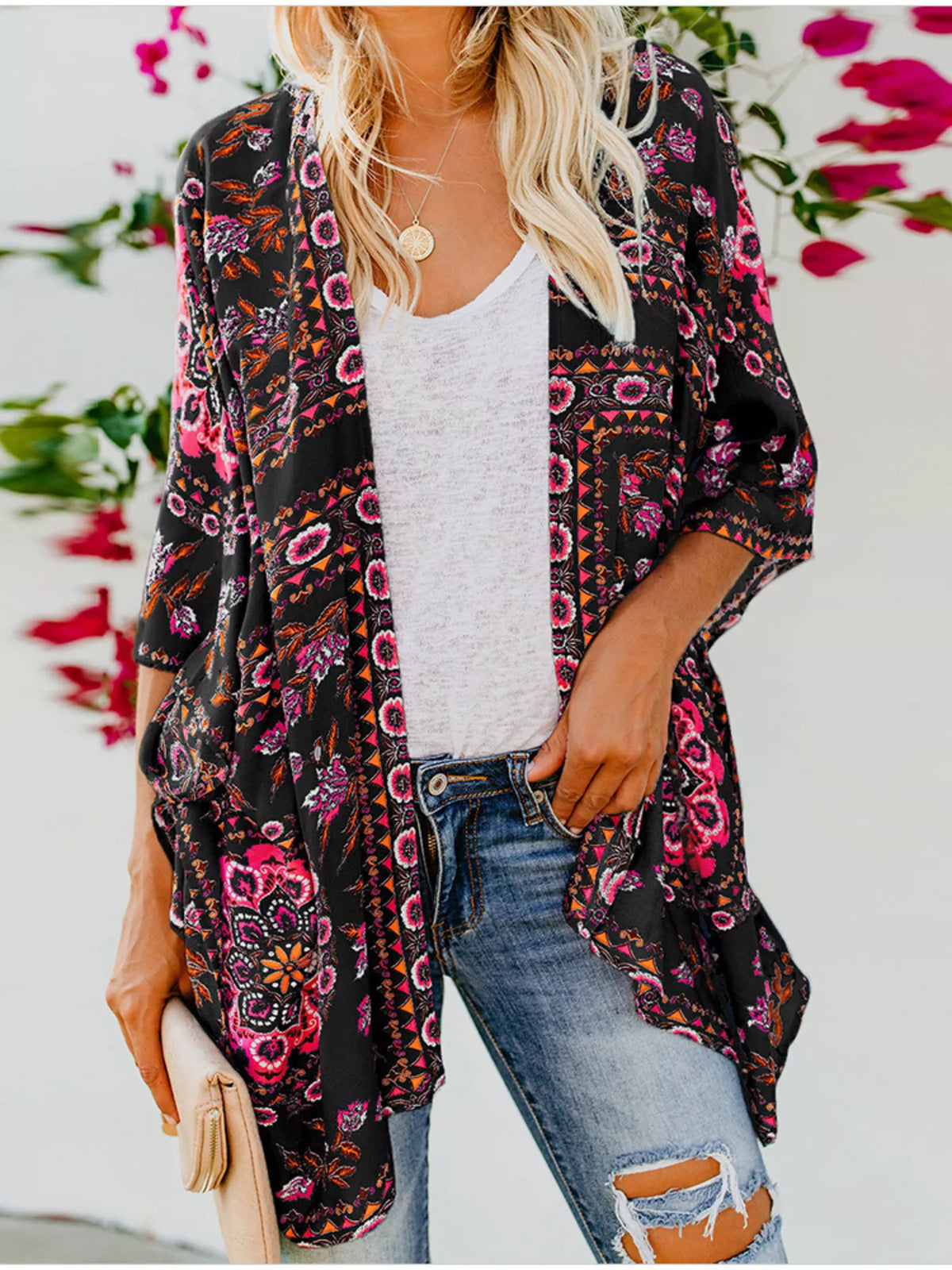Floral Print Kimono Sleeve Cover Up