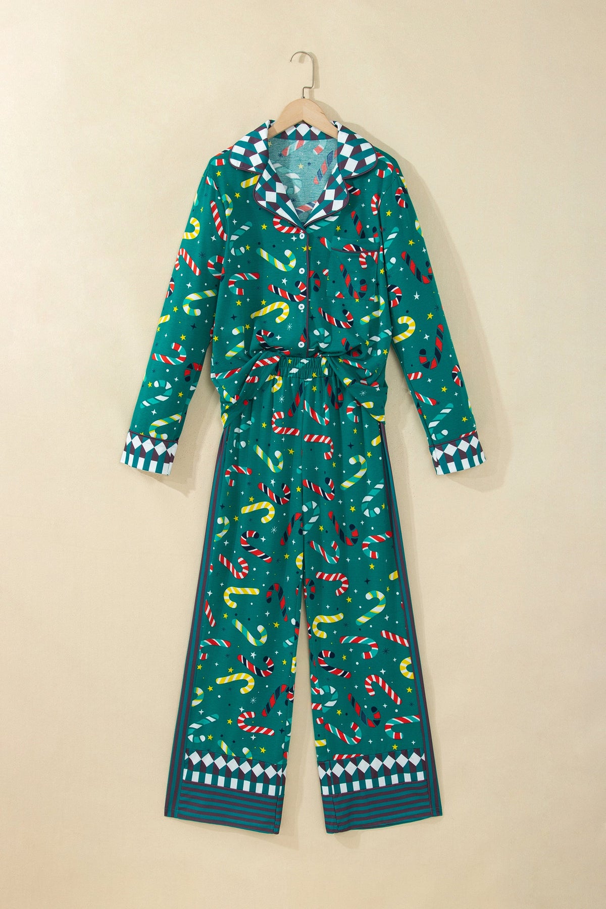 Green Abstract Candy Cane Print Long Sleeve Two Piece Lounge Set