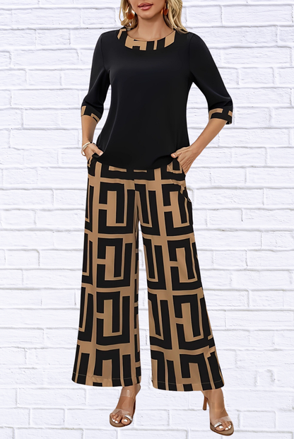 Geometric Print Round Neck Top and Pants Two-Piece Set Ochre