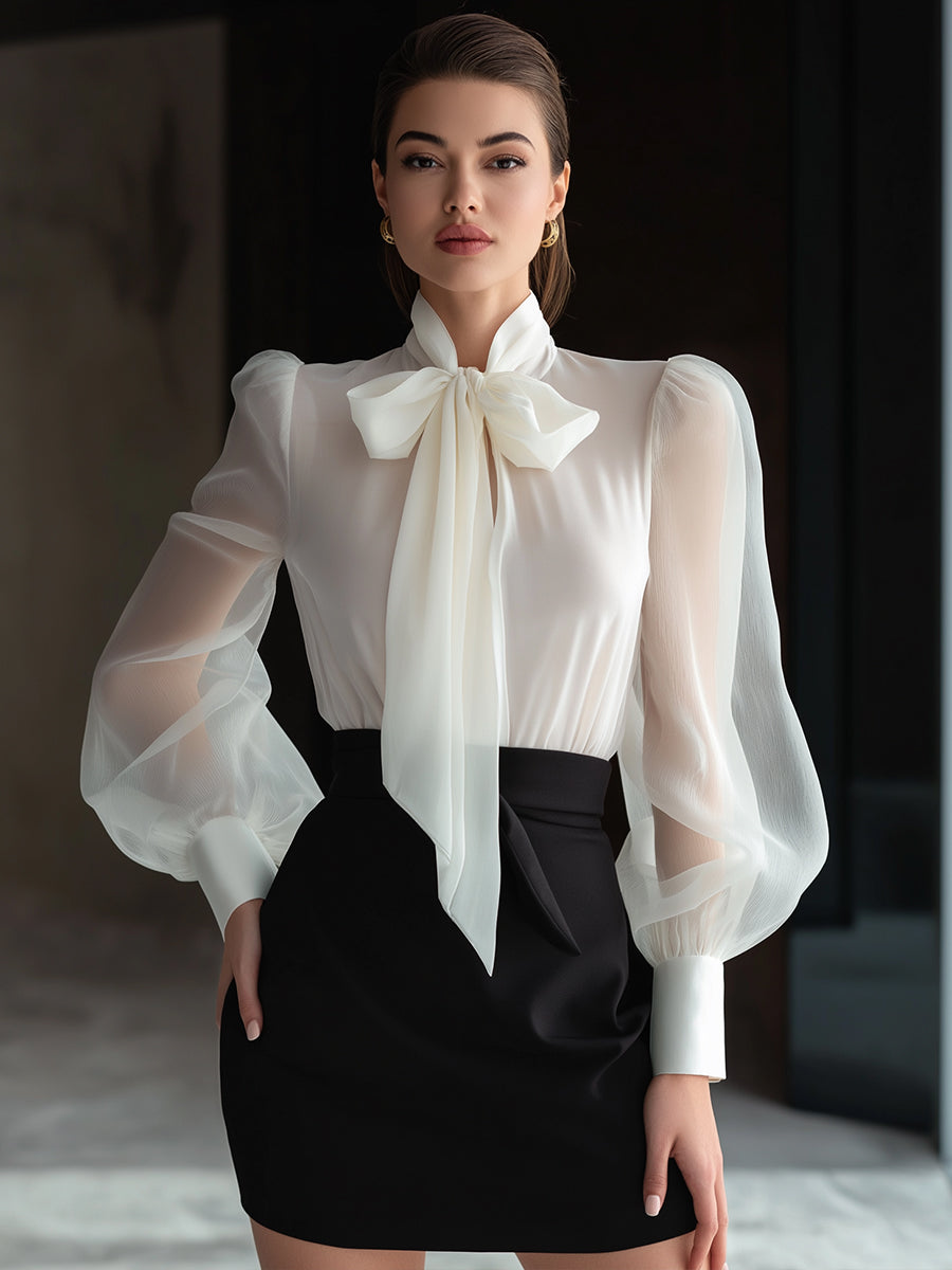 Sheer Bow-Tie Blouse & High-Waist Pencil Skirt Two-Piece Set