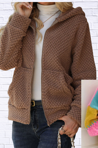 Textured Knit Zip-Up Hooded Outerwear Khaki