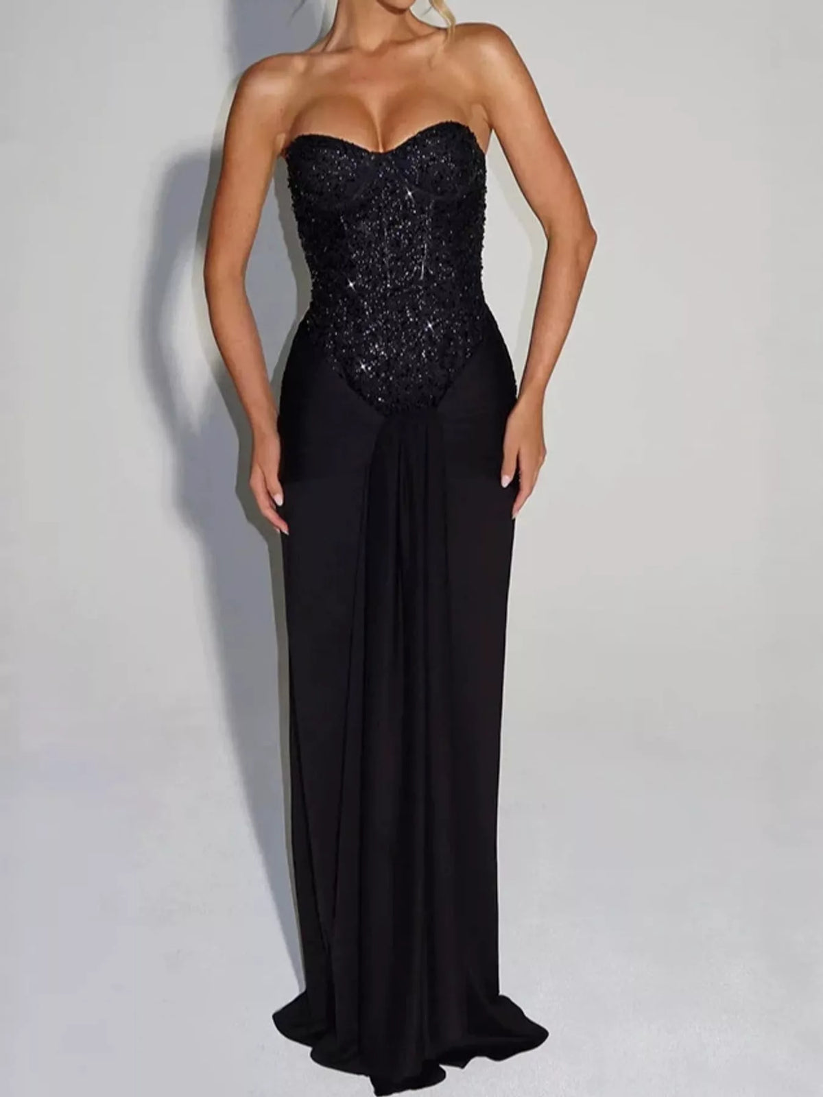 Elegant Strapless Sequin Corset Maxi Dress with Draped Waist Detail