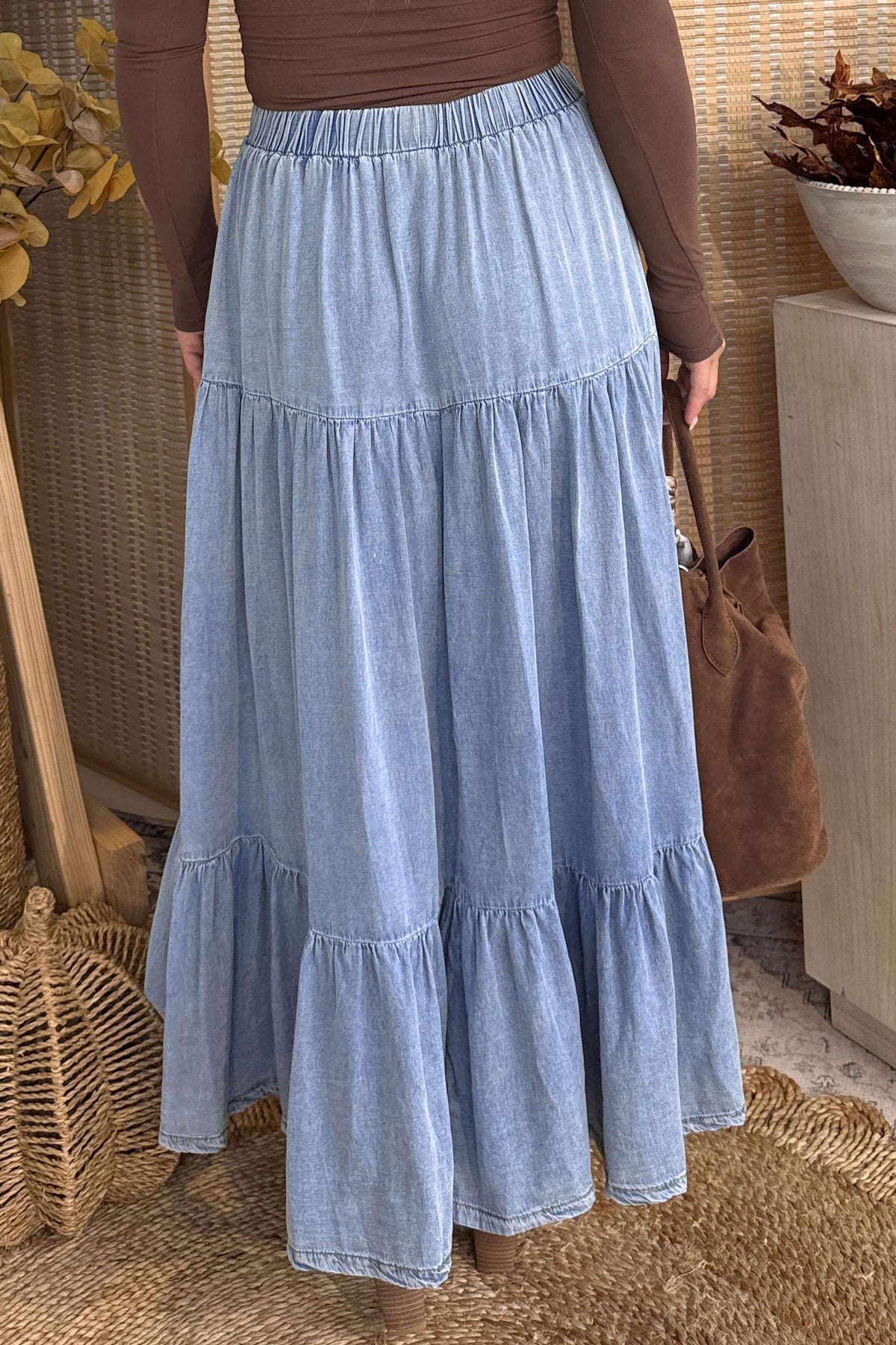 Beau Blue Elastic Waist Ruffled Tiered Flared Denim Maxi Skirt