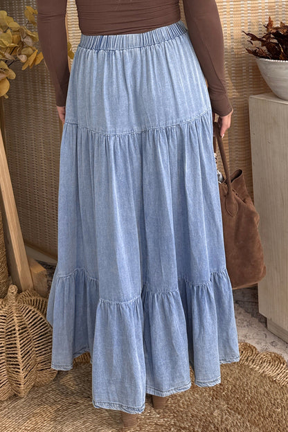 Beau Blue Elastic Waist Ruffled Tiered Flared Denim Maxi Skirt