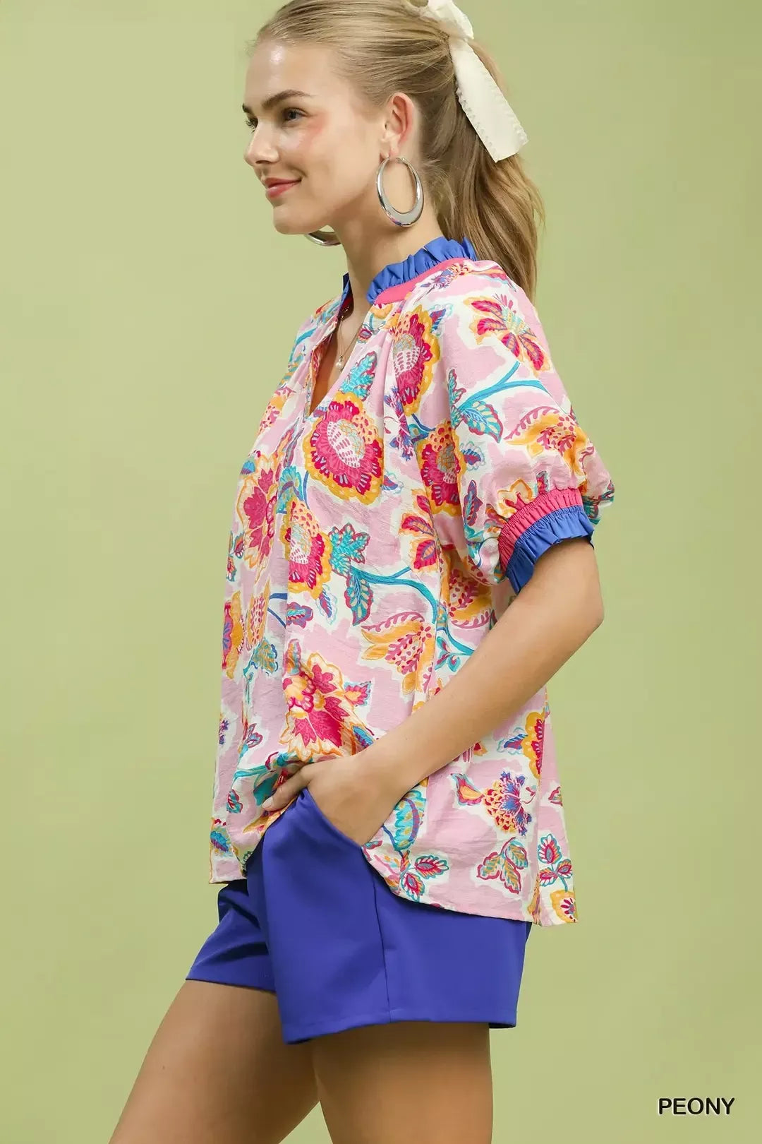 Umgee Floral Print Ruffled Short Sleeve Top