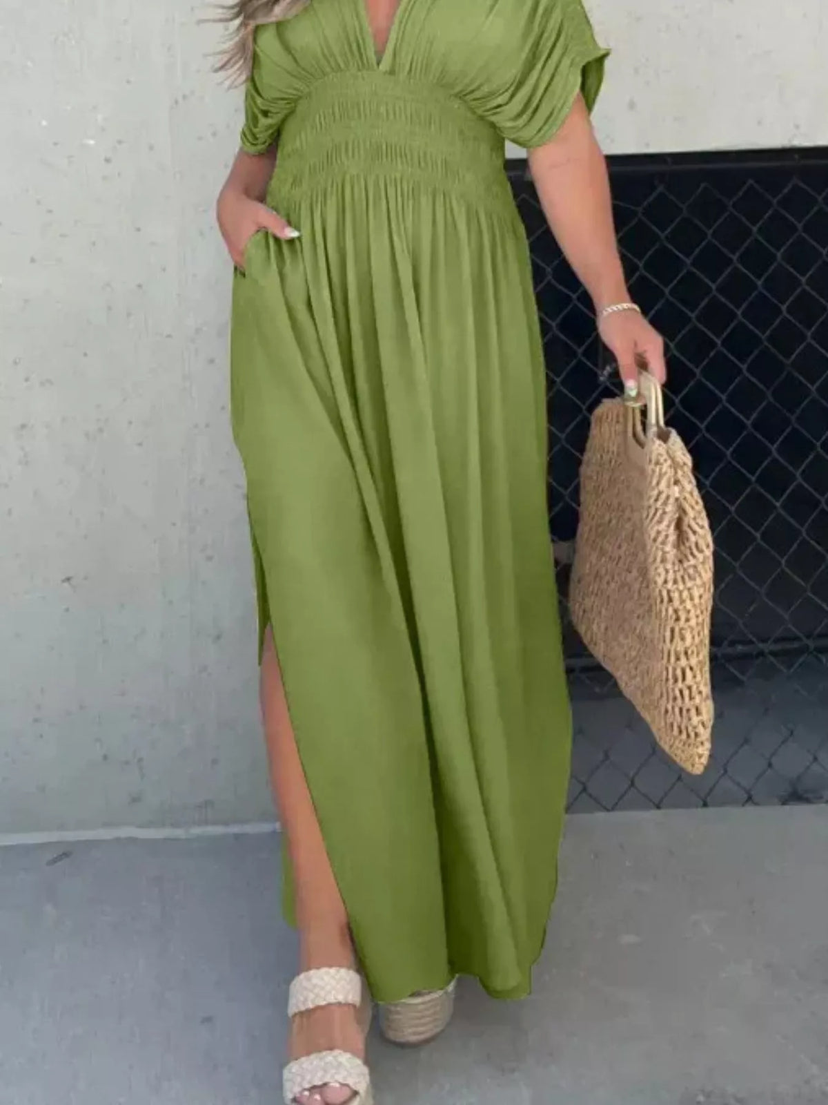 Full Size Slit V-Neck Smocked Waist Maxi Dress Plus Size