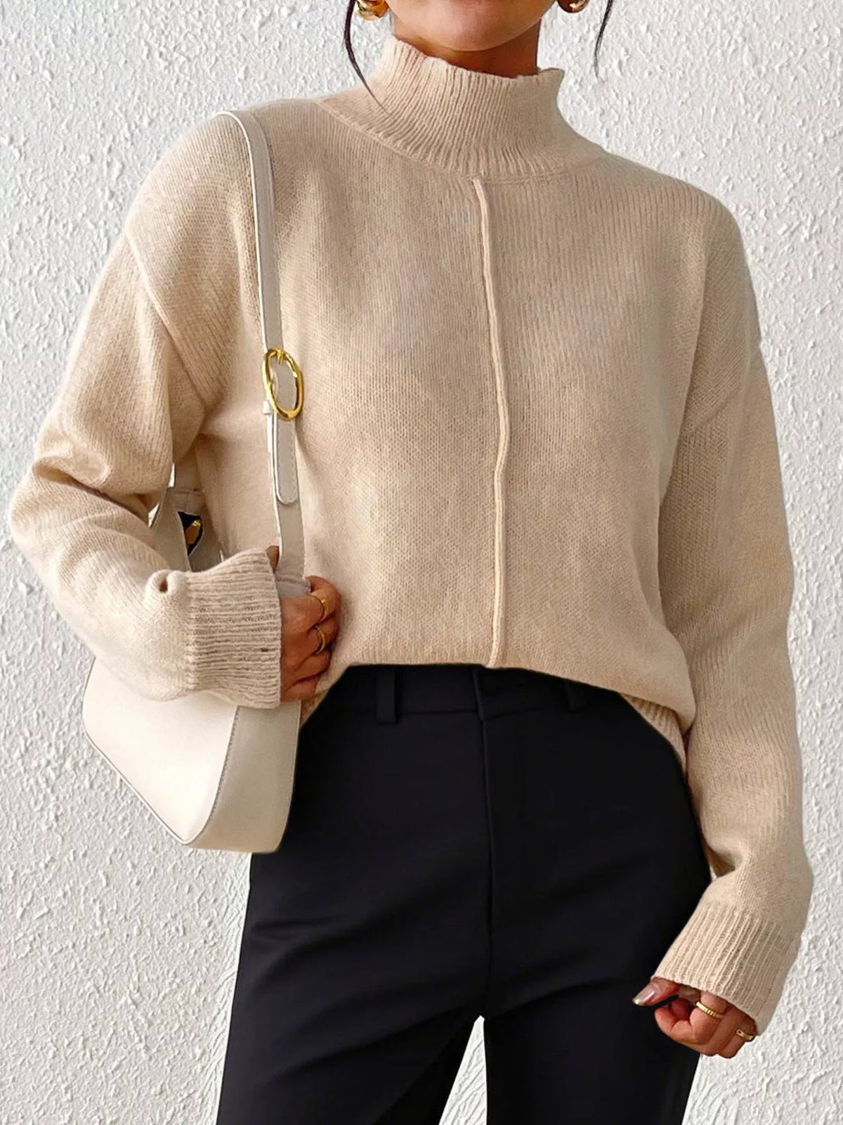 Center Seam Detail Turtleneck Sweater for Women