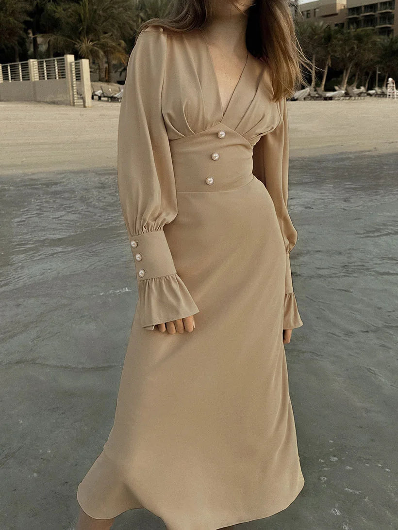 V-Neck Slim Sexy Dress Brown