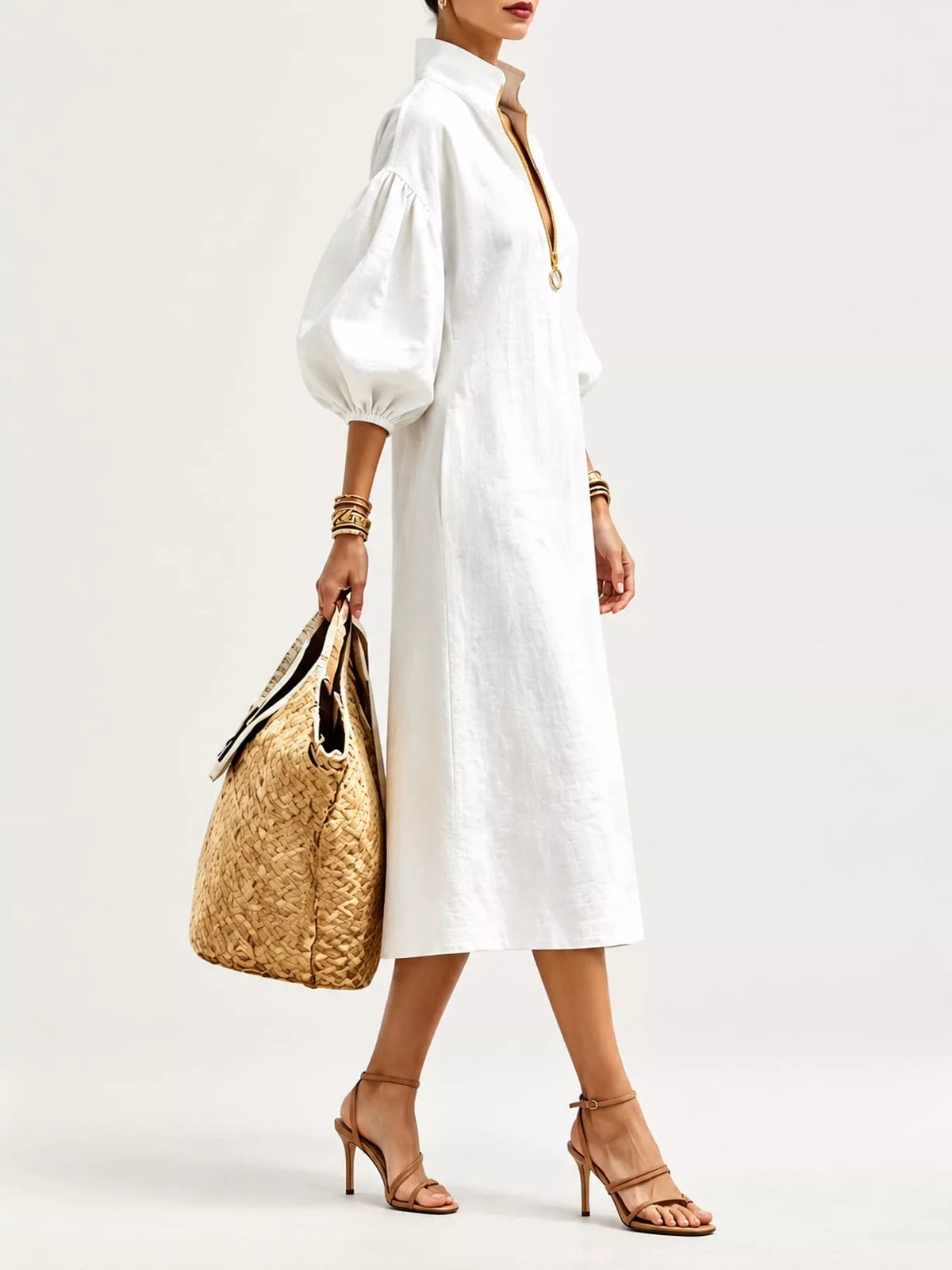 Half-Zip Puff Sleeve Midi Dress