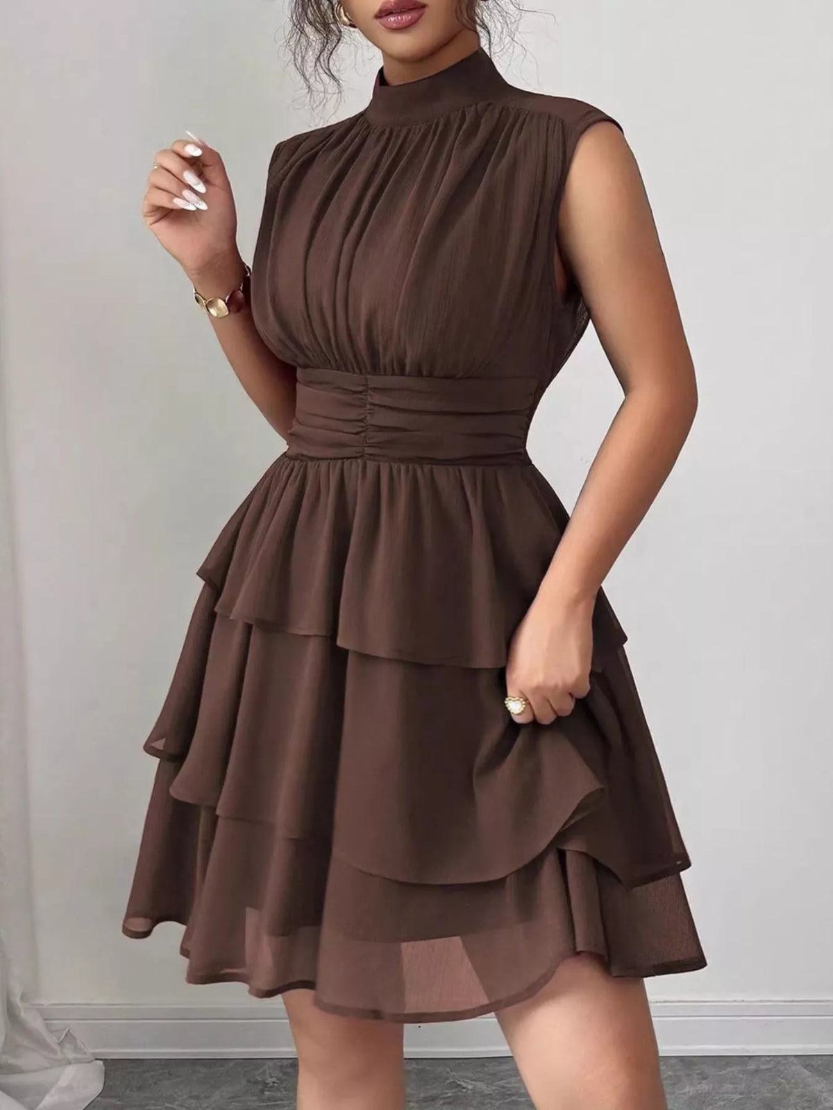 Sleeveless Mock Neck Layered Ruffle Dress