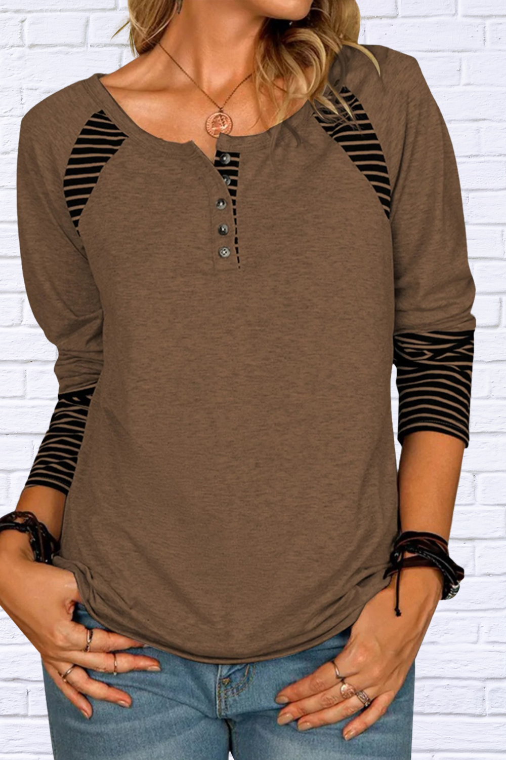Full Size Striped Quarter Button Long Sleeve T-Shirt Coffee Brown