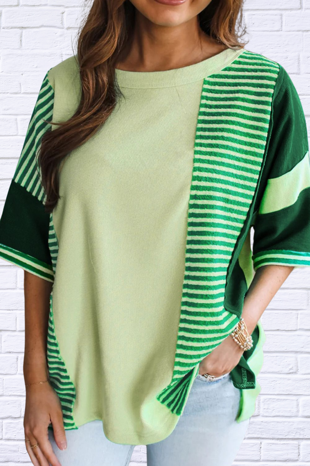 Striped Textured Half Sleeve T-Shirt Green