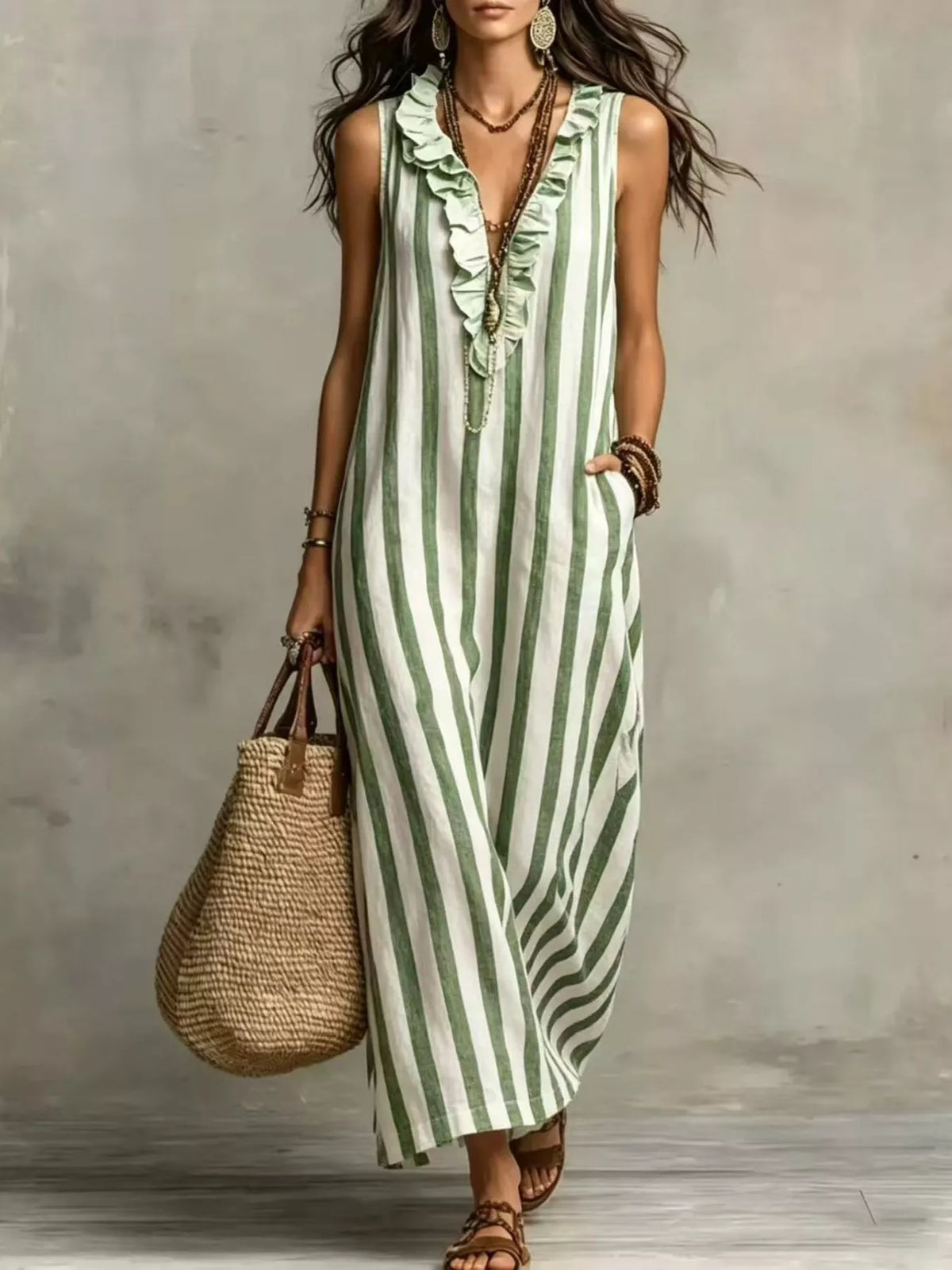 Plus Size Sleeveless Striped Ruffle Maxi Dress