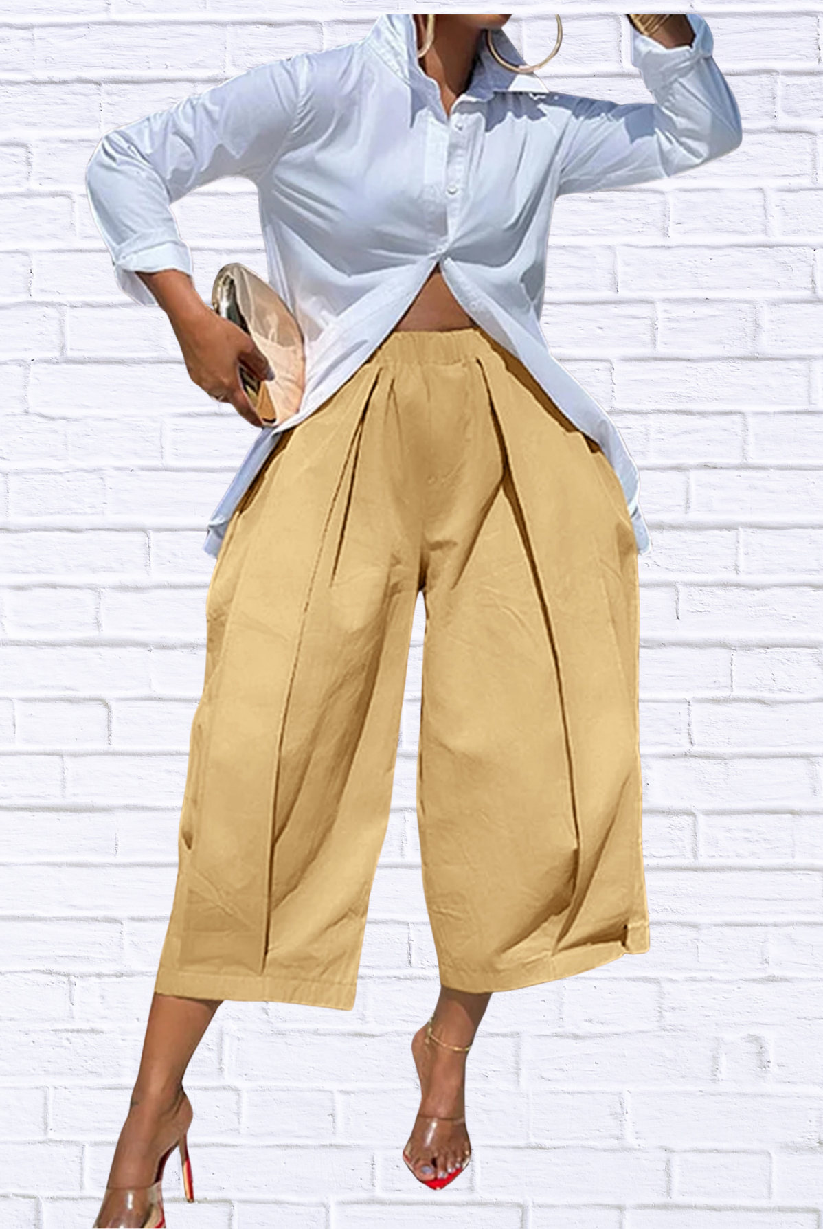 Plus Size Wide Leg Pleated Detail Cropped Pants