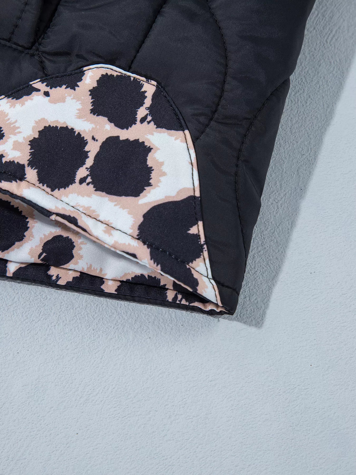 Quilted Leopard Cuff Button Down Puffer Jacket