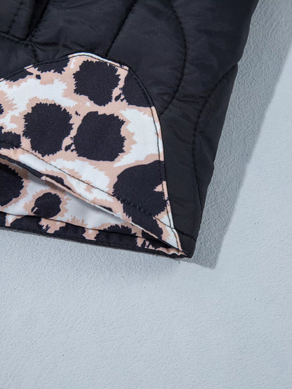 Quilted Leopard Cuff Button Down Puffer Jacket