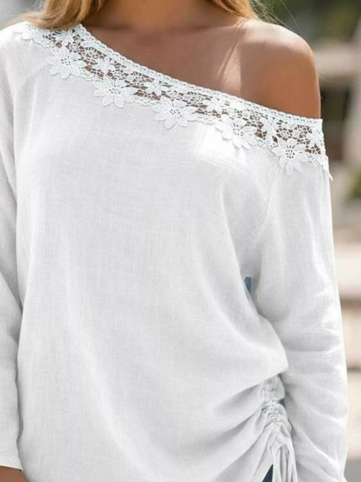 Lace Trim One Shoulder Ruched Top