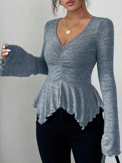Ruched Flared Sleeves Peplum T-Shirt