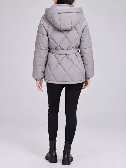 Quilted Waist Belt Hooded Puffer Outerwear