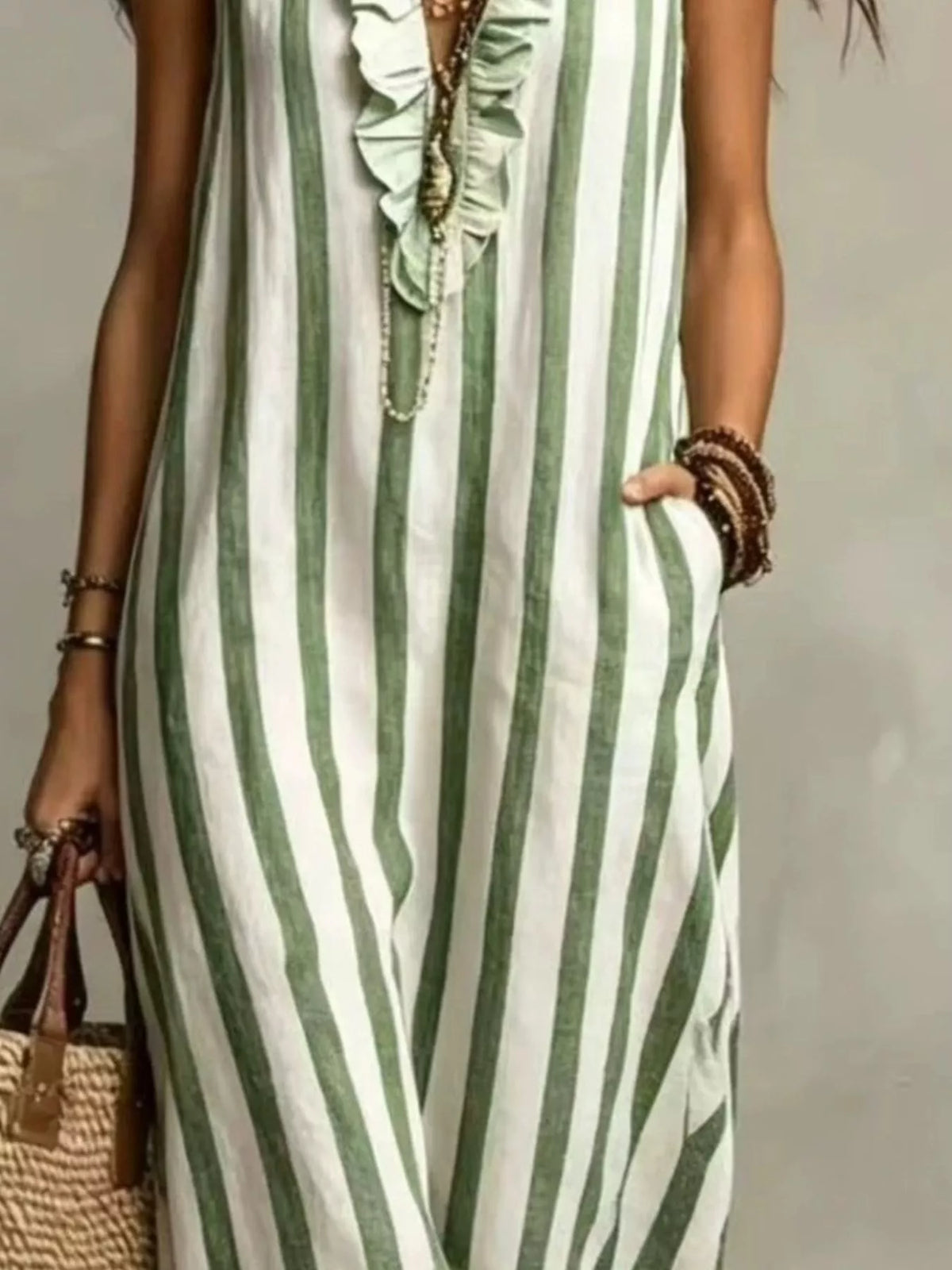 Plus Size Sleeveless Striped Ruffle Maxi Dress