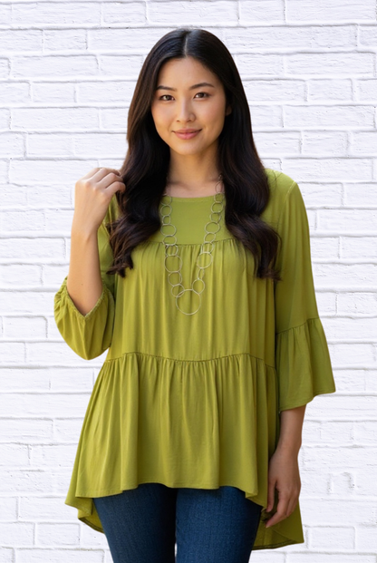 Round Neck Woven Gauged Trapeze Shirt High Low 38