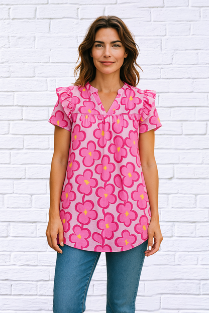 Tulip Ruffled Printed Notched Cap Sleeve Blouse