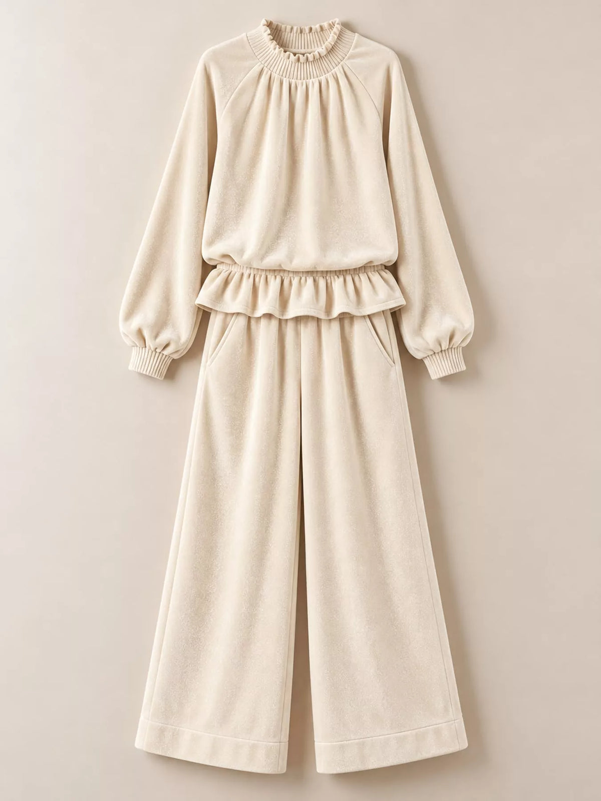 Velvet Ruffled Hem Top and Wide-Leg Pants Set