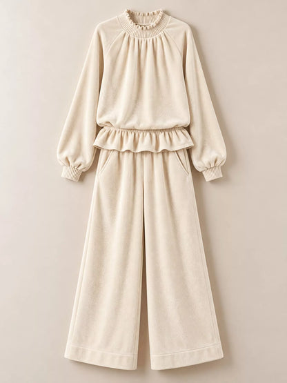 Velvet Ruffled Hem Top and Wide-Leg Pants Set