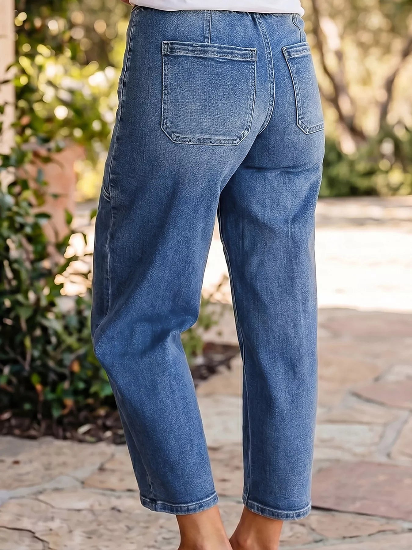 Drawstring Waist Ankle Length Casual Jeans Regular Fit Pocket Detail Jeans