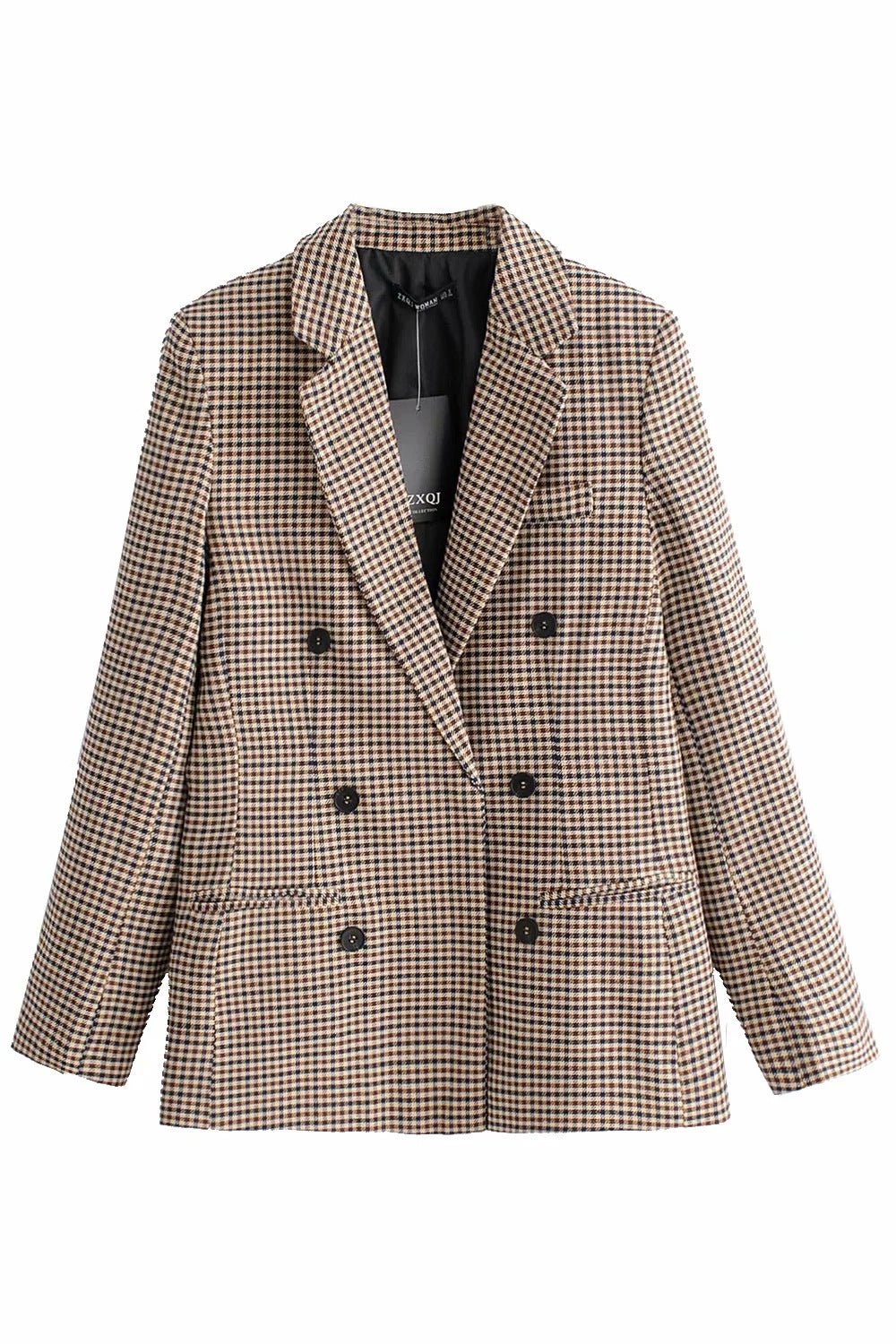 Vintage Single Breasted Long Sleeve Plaid Women Padded Shoulder Blazer Khaki Plaid