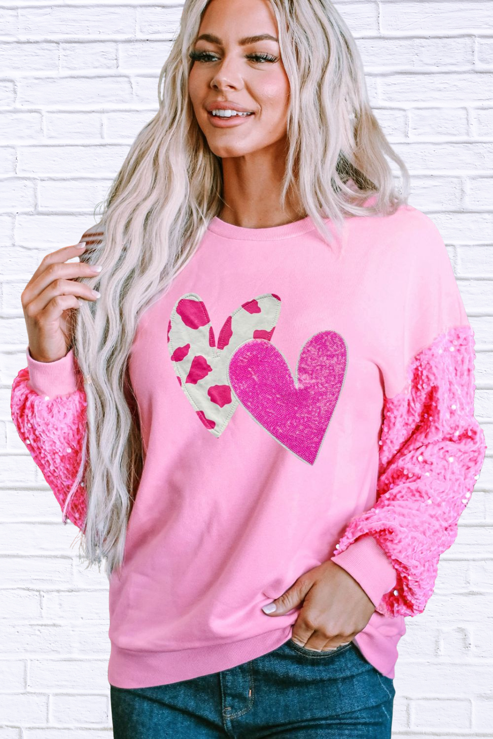 Valentine’s Day Sequin Heart Long Sleeve Sweatshirt