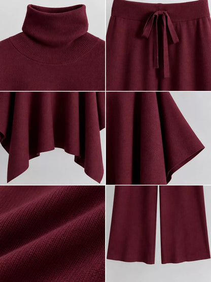 Turtleneck Poncho Pants Set with Wide-Leg Knit Pants