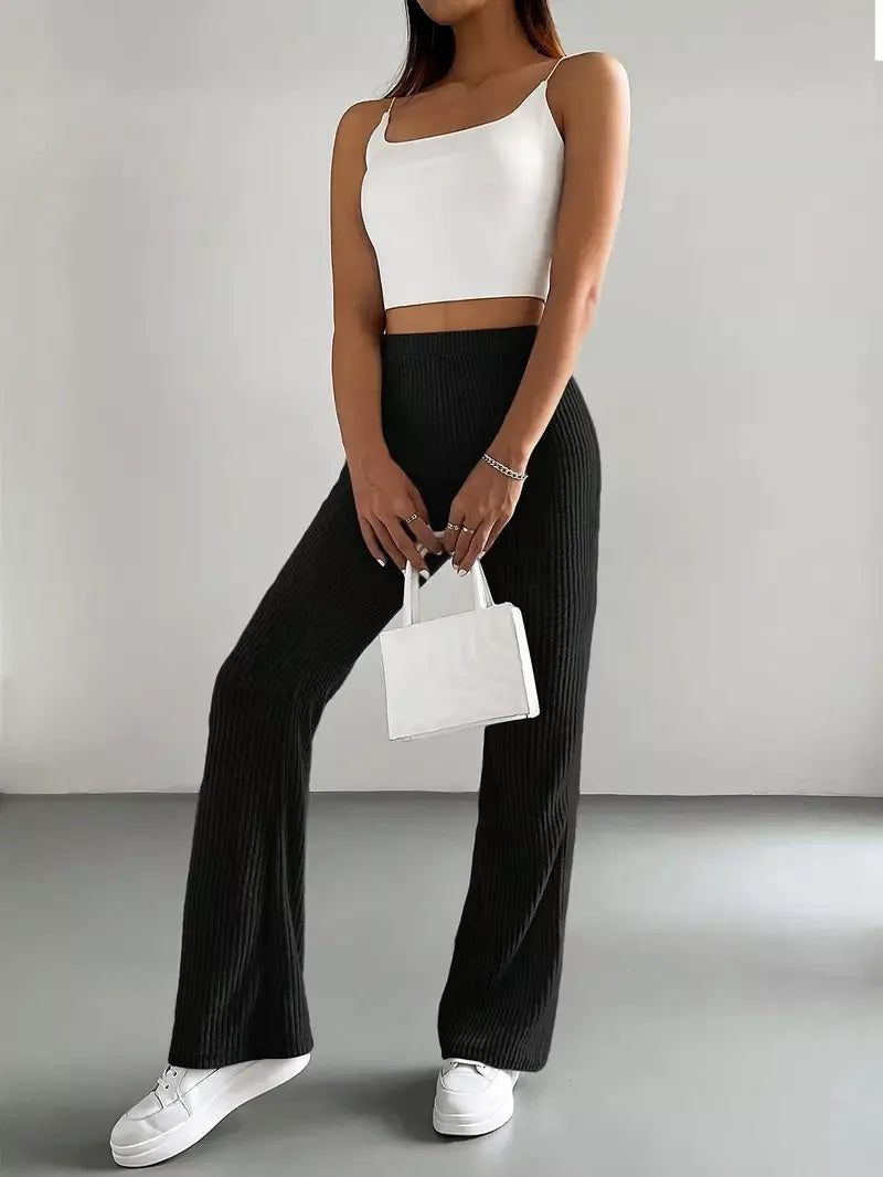 Ribbed Knit High Waist Flare Pants