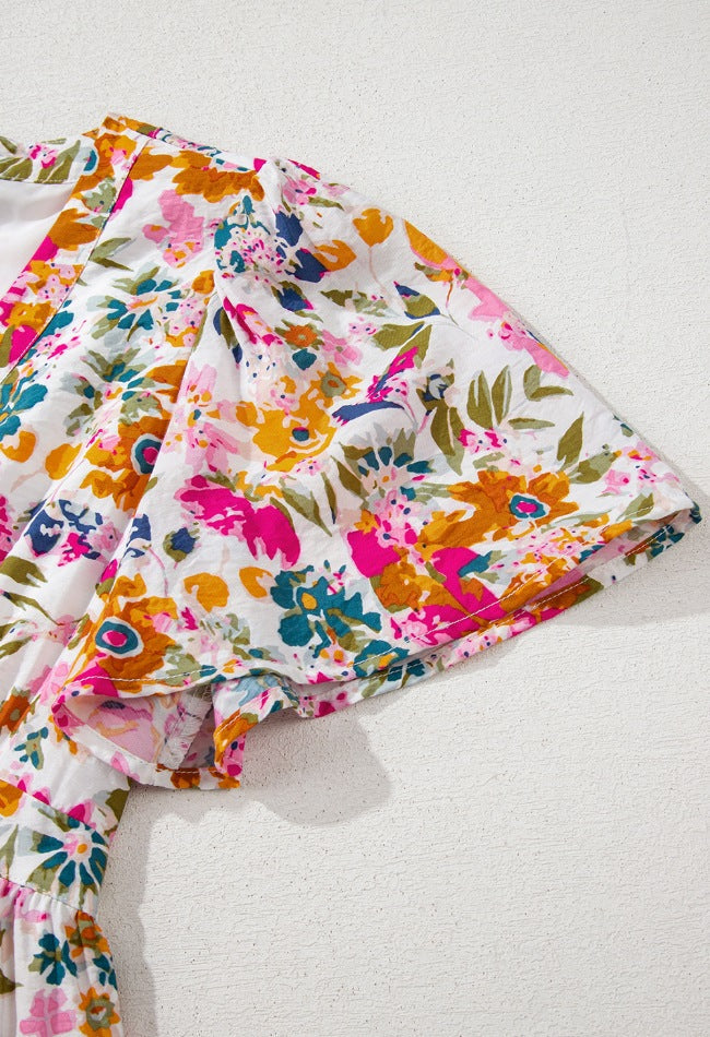 Floral Short Sleeve V Neck Dress with Pockets